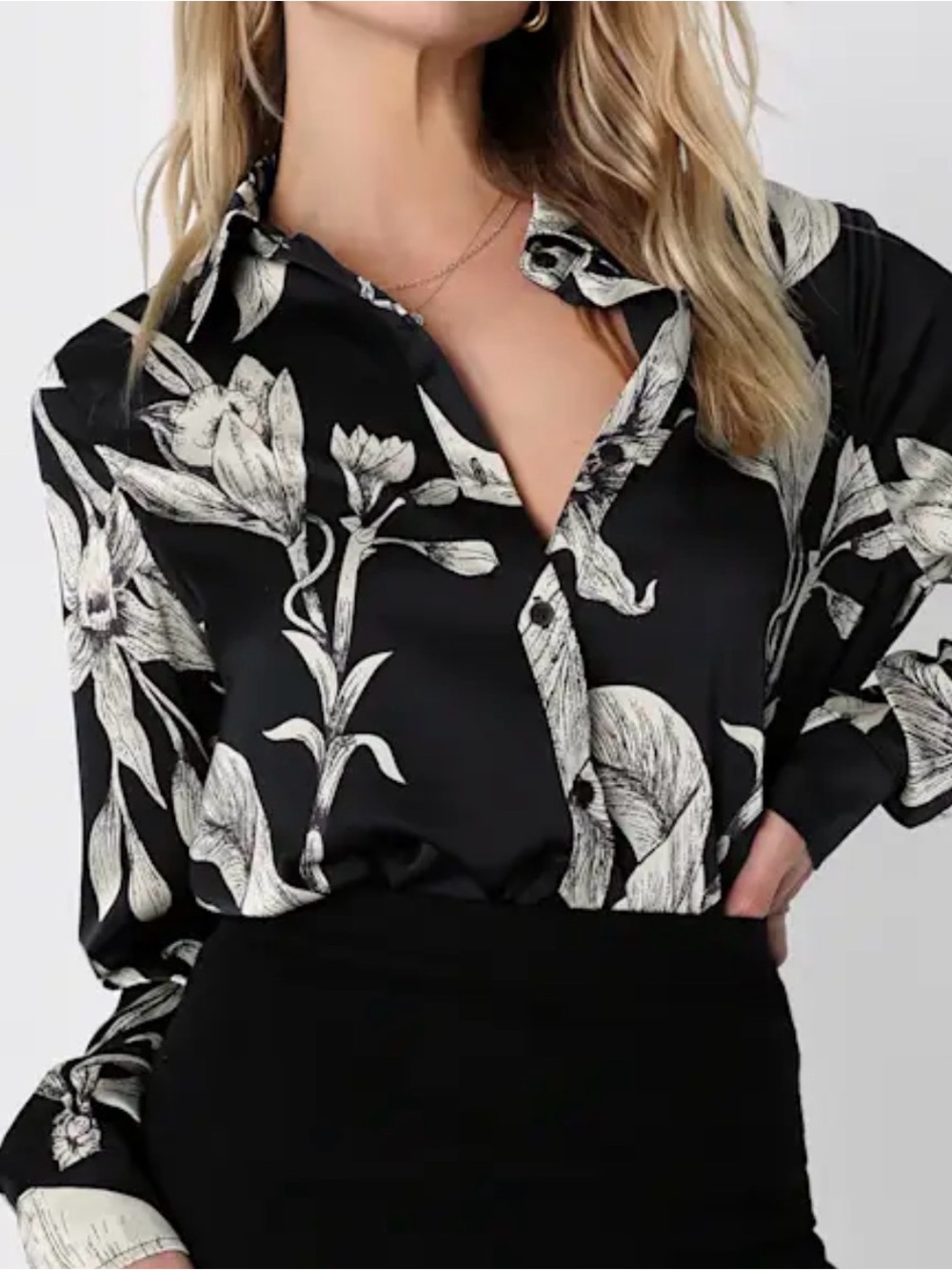 Stylish update black floral long sleeve button up Top